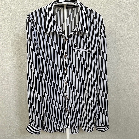 Volcom Size Medium Black White Sheer Blouse Striped Button Down Top Lightweight - Picture 1 of 5